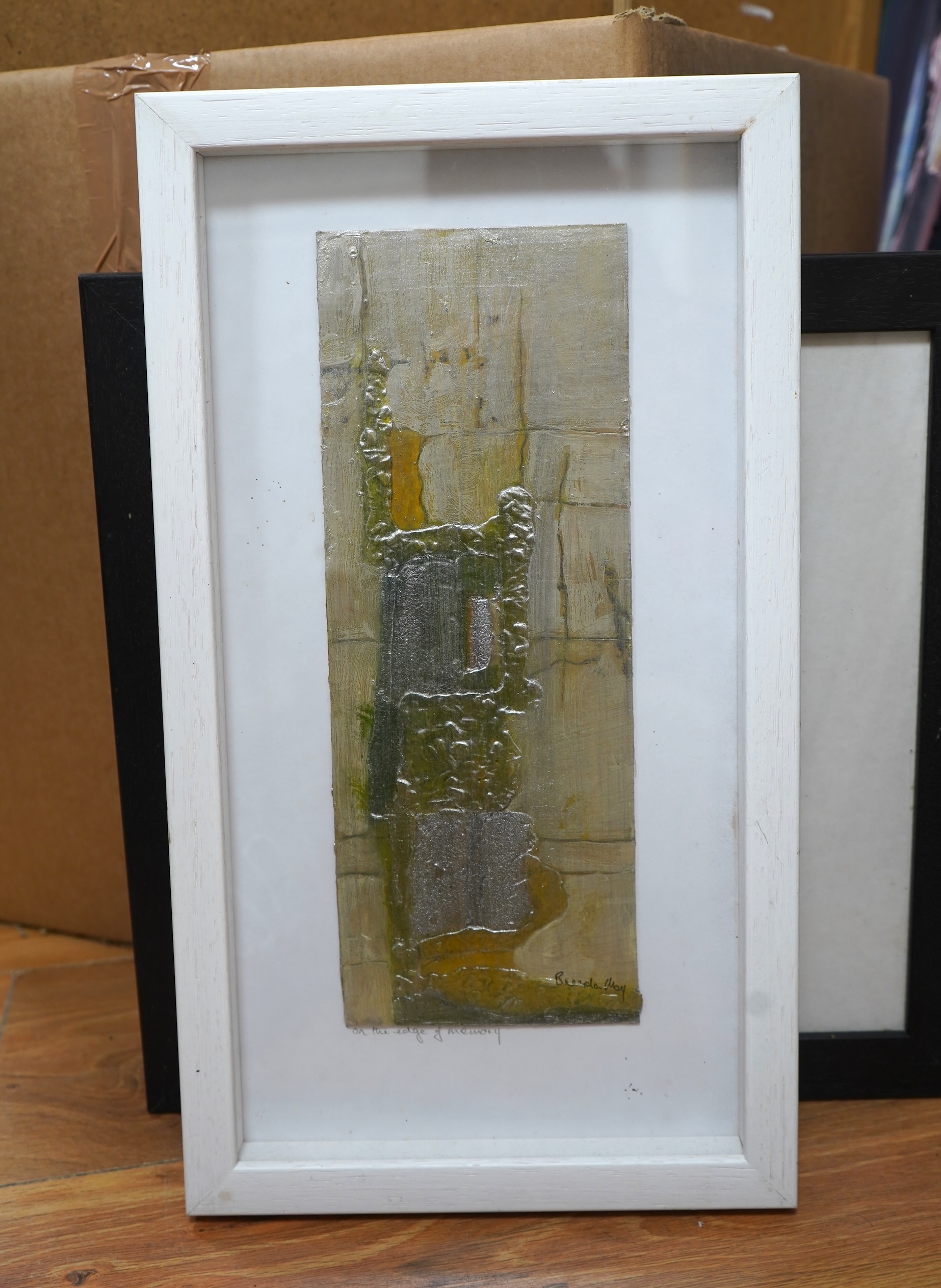 Brenda May (Modern British), a collection of three collages to include ‘On the Edge of Memory’, each signed and a collagraph print titled ‘Coastal Line, signed in pencil, largest 21 x 49cm